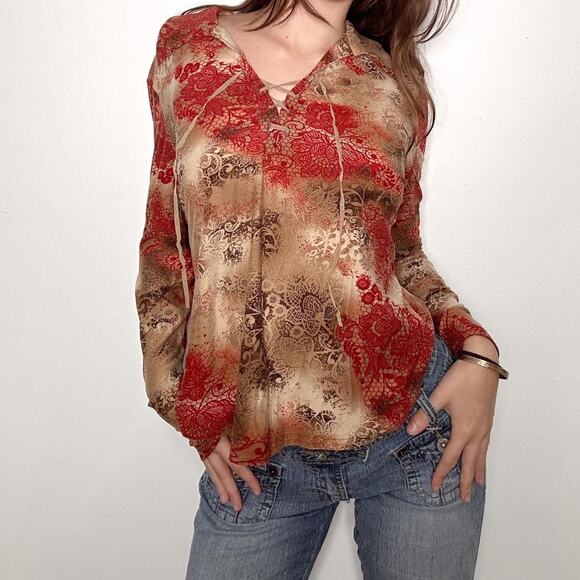Absolutely gorgeous red and brown floral long sleeve top - Picture 1 of 8